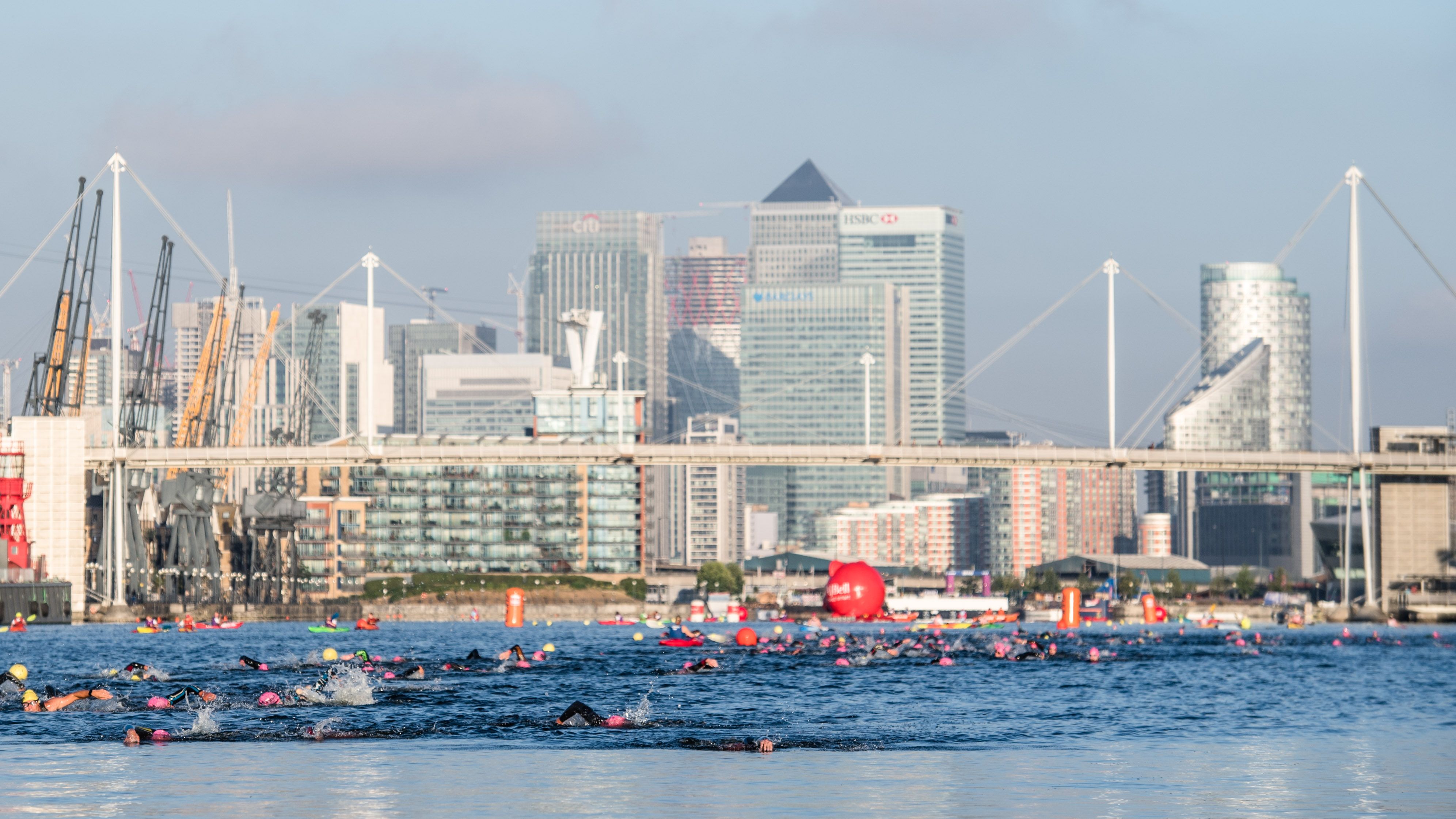 Swimmers in the London Triathlon with Canary Wharf in the background