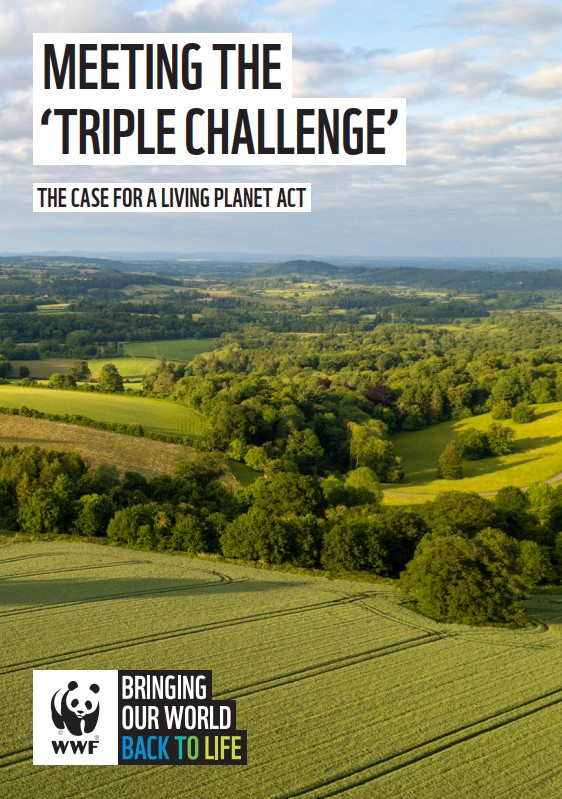 Cover image for 'Meeting the Triple Challenge' report showing rolling hills in UK countryside