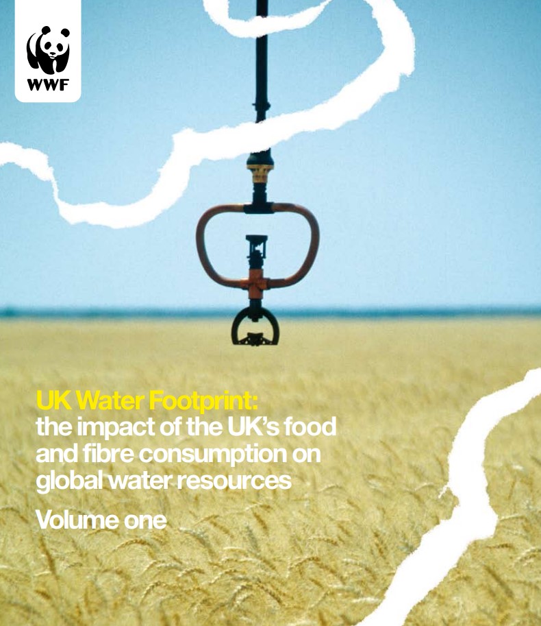 Cover image of Water Footprint UK Report showing an irrigator on a field of crops