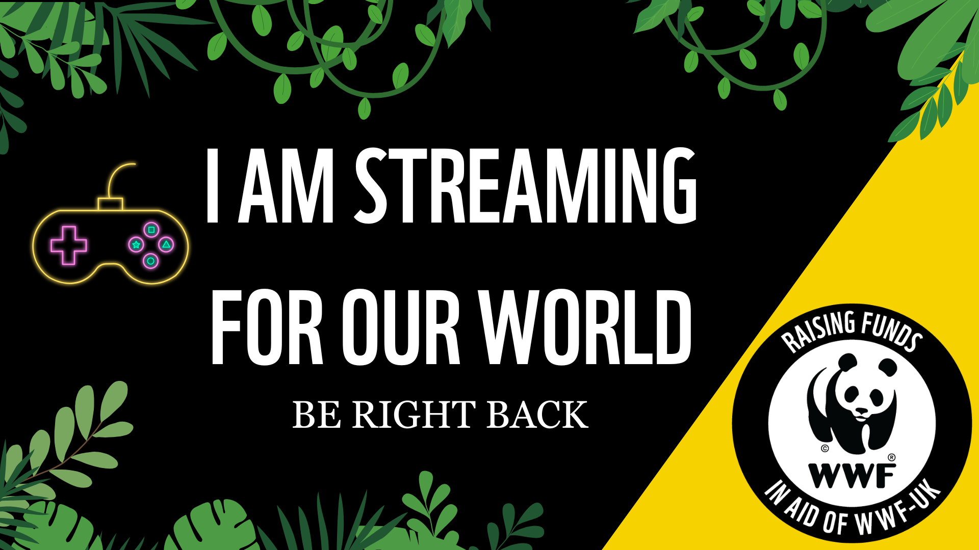 Livestream BRB screen, black and yellow tropical theme