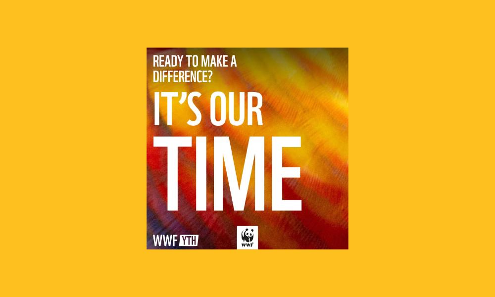 Close up image of a red and yellow feather with the text 'Ready to make a difference? It's our time' and the WWF logo
