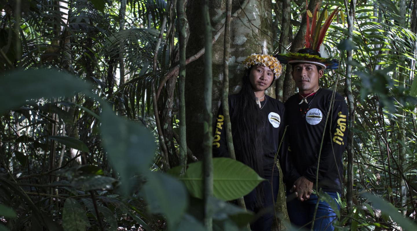 Awapy Uru Eu Wau Wau and his wife Juwi Uru Eu Wau Wau are photographed at Kanindé Ethno-Environmental Defense Association in the surroundings of Porto Velho, Rondônia State, Brazil. 