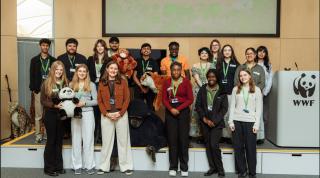 Winners and runners-up of the Sustainable Futures Showcase, participating in activities during the Sustainable Futures Insight Day. The Living Planet Centre, Woking, UK.