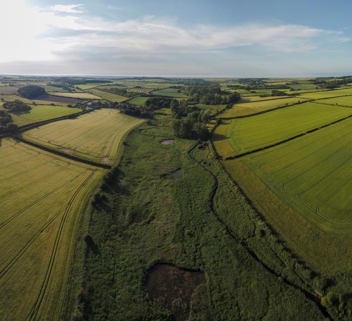 Drone panoramic photo of the  remeandering of the river system in Norfolk UK