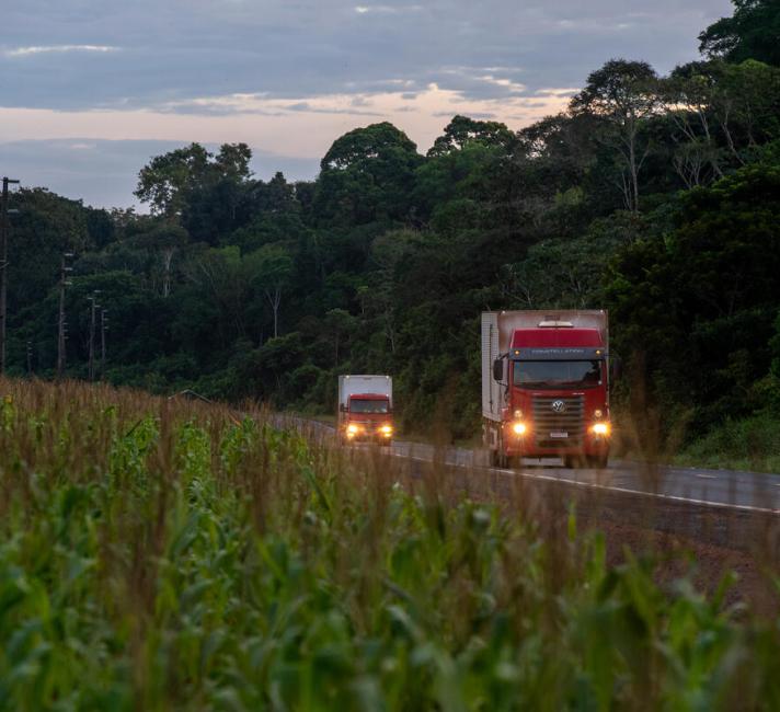 Traffic makes its way along the BR-163 road which divides soybean fields (currently growing corn) on the left and protected forest on the right in the Tapajós region in the Amazon, Brazil.