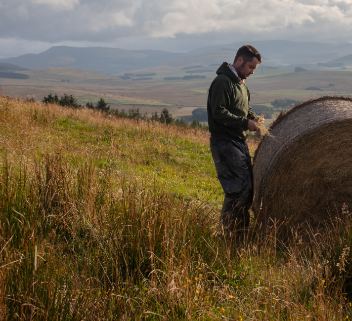 Stuart inspecting hay bales on Whitriggs Farm, The Scottish Borders