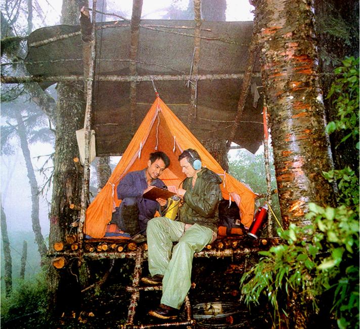 Dr George Schaller and a local researcher in the Wuyipeng (small hut) that was built as a base for wild giant panda research, Wolong, China.