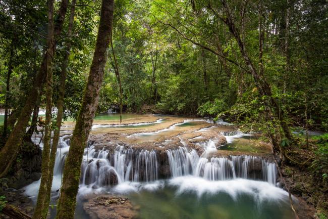 Waterfall in tropical rainforest at Lacan-tun, Montes Azules Biosphere Reserve, Chiapas, Mexico.