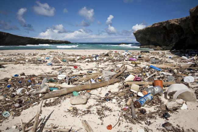 Plastic garbage litters a beach on the Caribbean Sea in Boca Prins, Aruba